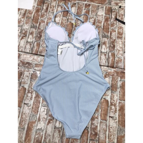 Jessica Simpson Swimsuit SZ MED Tie Back Striped Blue White Ruffle One PC Tummy - Picture 6 of 10